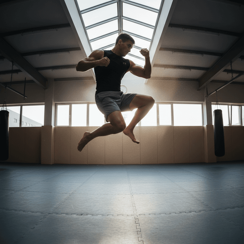 Professional male bodybuilder with short black hair in navy tank top